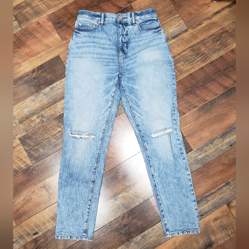 Loft Ripped Knee High Waist Boyfriend Denim Stone Wash Blue Jeans, Size 26